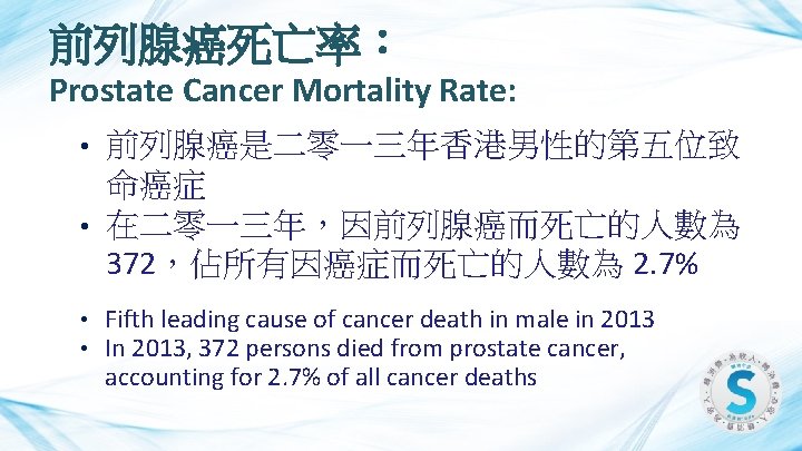 前列腺癌死亡率： Prostate Cancer Mortality Rate: 前列腺癌是二零一三年香港男性的第五位致 命癌症 • 在二零一三年，因前列腺癌而死亡的人數為 372，佔所有因癌症而死亡的人數為 2. 7% • •