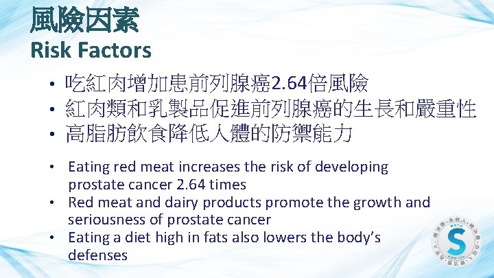 風險因素 Risk Factors • • • 吃紅肉增加患前列腺癌2. 64倍風險 紅肉類和乳製品促進前列腺癌的生長和嚴重性 高脂肪飲食降低人體的防禦能力 Eating red meat increases