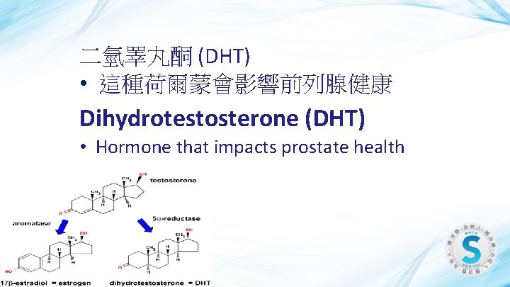 二氫睪丸酮 (DHT) • 這種荷爾蒙會影響前列腺健康 Dihydrotestosterone (DHT) • Hormone that impacts prostate health 