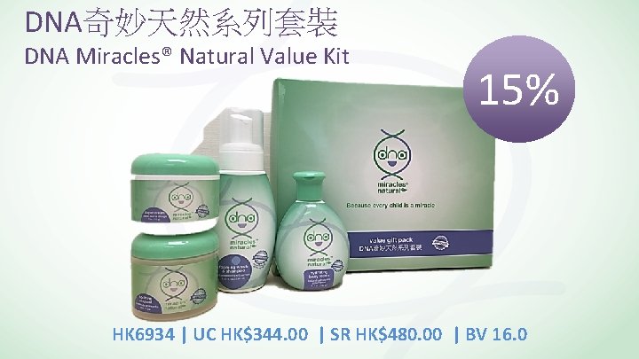 DNA奇妙天然系列套裝 DNA Miracles® Natural Value Kit 15% HK 6934 | UC HK$344. 00 |