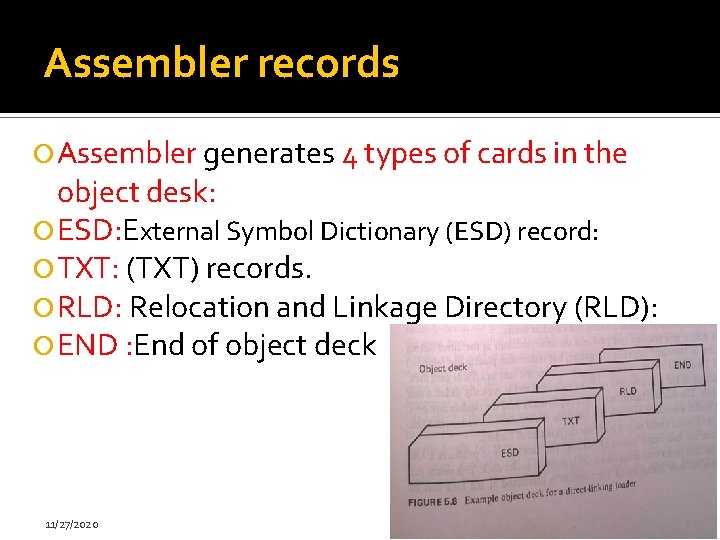 Assembler records Assembler generates 4 types of cards in the object desk: ESD: External