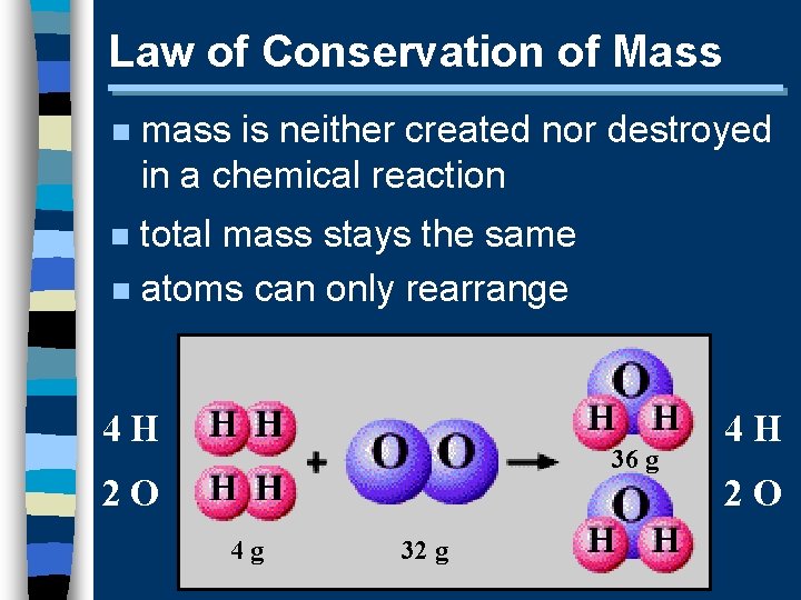 Law of Conservation of Mass n mass is neither created nor destroyed in a