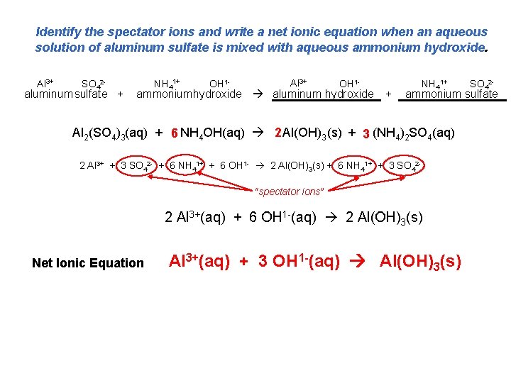 Identify the spectator ions and write a net ionic equation when an aqueous solution