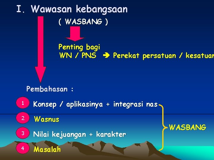 I. Wawasan kebangsaan ( WASBANG ) Penting bagi WN / PNS Perekat persatuan /