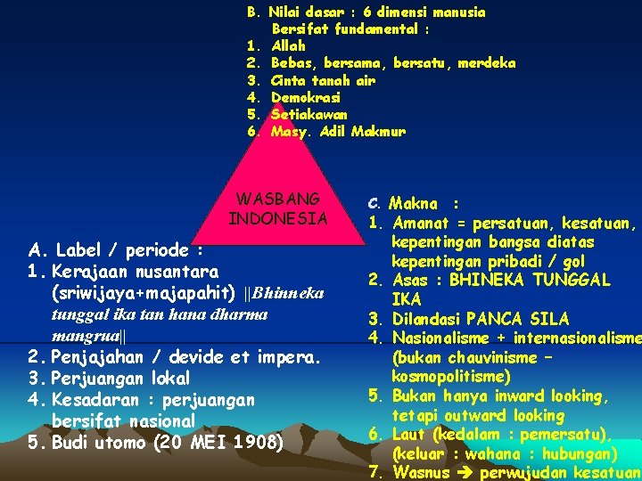 B. Nilai dasar : 6 dimensi manusia Bersifat fundamental : 1. Allah 2. Bebas,