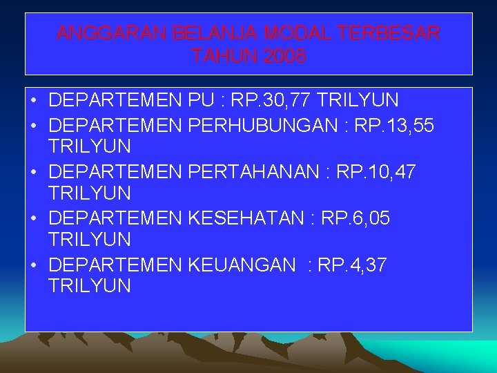 ANGGARAN BELANJA MODAL TERBESAR TAHUN 2008 • DEPARTEMEN PU : RP. 30, 77 TRILYUN