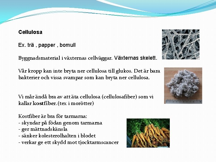 Cellulosa Ex. trä , papper , bomull Byggnadsmaterial i växternas cellväggar. Växternas skelett. Vår