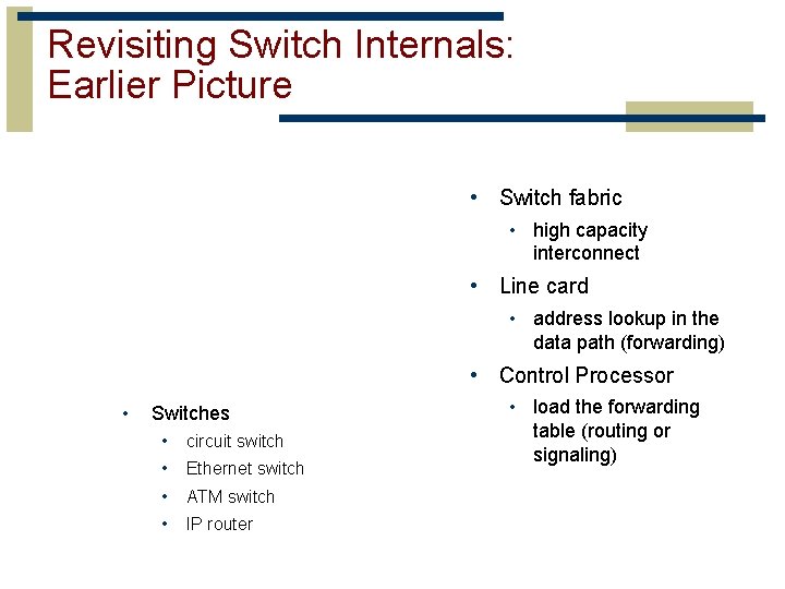Revisiting Switch Internals: Earlier Picture • Switch fabric • high capacity interconnect • Line