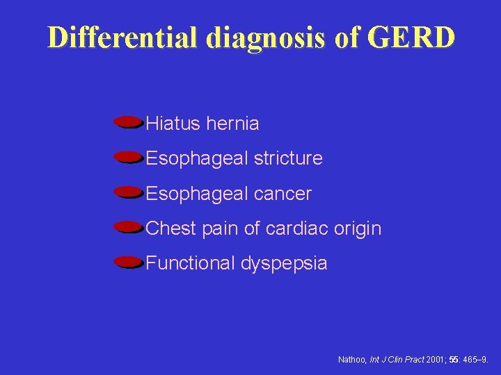 Differential diagnosis of GERD Hiatus hernia Esophageal stricture Esophageal cancer Chest pain of cardiac