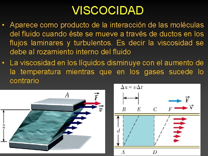 VISCOCIDAD • Aparece como producto de la interacción de las moléculas del fluido cuando