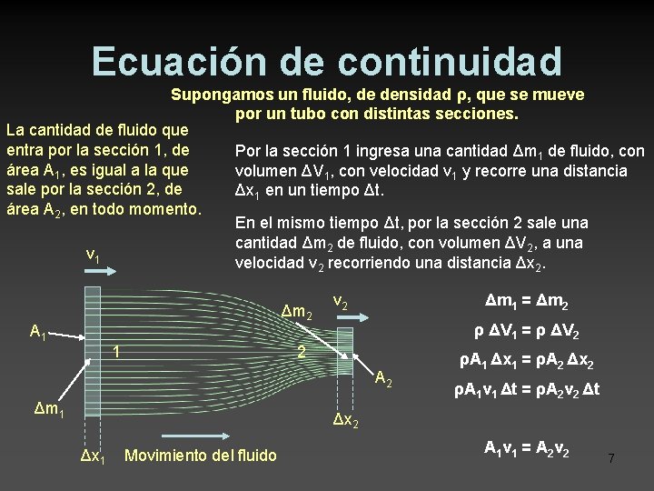 Ecuación de continuidad Supongamos un fluido, de densidad ρ, que se mueve por un