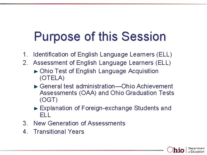 Purpose of this Session 1. Identification of English Language Learners (ELL) 2. Assessment of Purpose of this Session 1. Identification of English Language Learners (ELL) 2. Assessment of