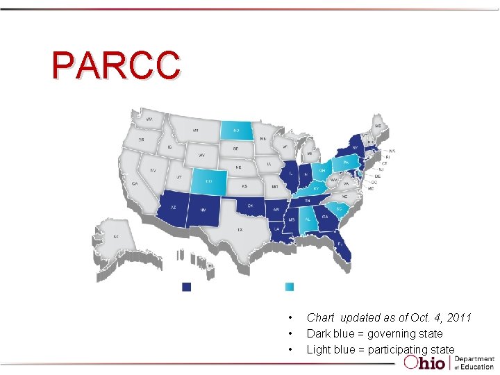 PARCC • • • Chart updated as of Oct. 4, 2011 Dark blue = PARCC • • • Chart updated as of Oct. 4, 2011 Dark blue =