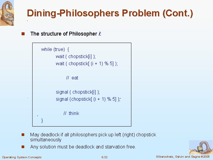 Dining-Philosophers Problem (Cont. ) n The structure of Philosopher i: while (true) { wait