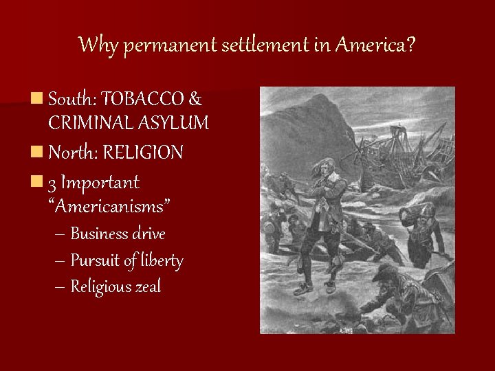 Why permanent settlement in America? n South: TOBACCO & CRIMINAL ASYLUM n North: RELIGION