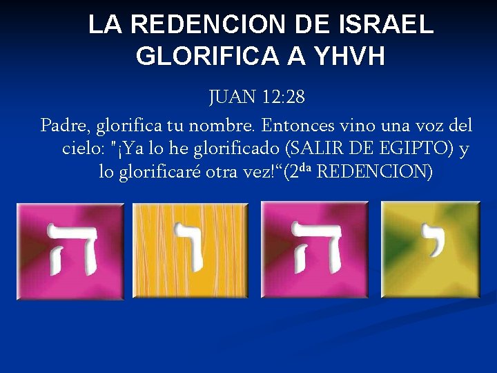 LA REDENCION DE ISRAEL GLORIFICA A YHVH JUAN 12: 28 Padre, glorifica tu nombre.