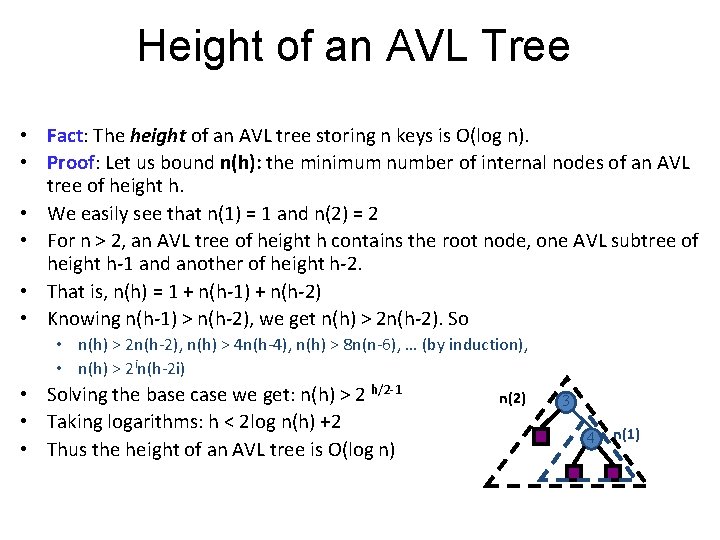 Height of an AVL Tree • Fact: The height of an AVL tree storing