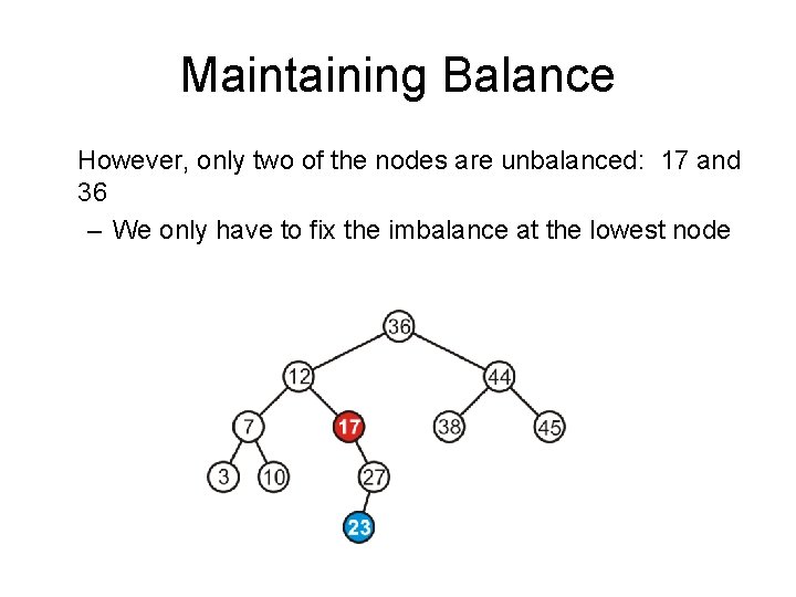 Maintaining Balance However, only two of the nodes are unbalanced: 17 and 36 –