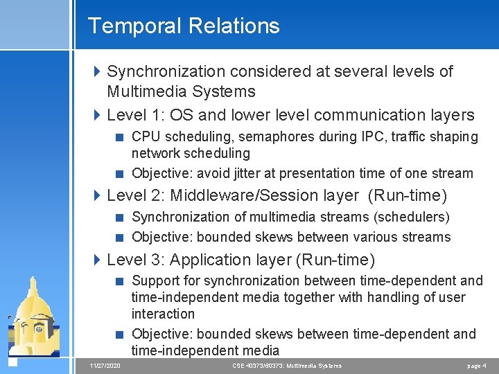 Temporal Relations 4 Synchronization considered at several levels of Multimedia Systems 4 Level 1: Temporal Relations 4 Synchronization considered at several levels of Multimedia Systems 4 Level 1: