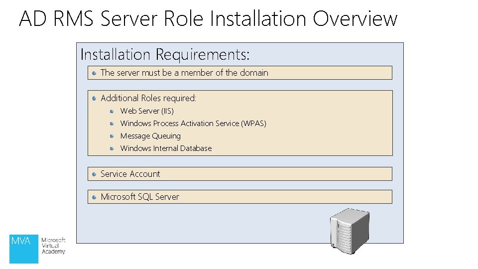 AD RMS Server Role Installation Overview Installation Requirements: The server must be a member