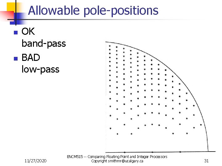 Allowable pole-positions n n OK band-pass BAD low-pass 11/27/2020 ENCM 515 -- Comparing Floating