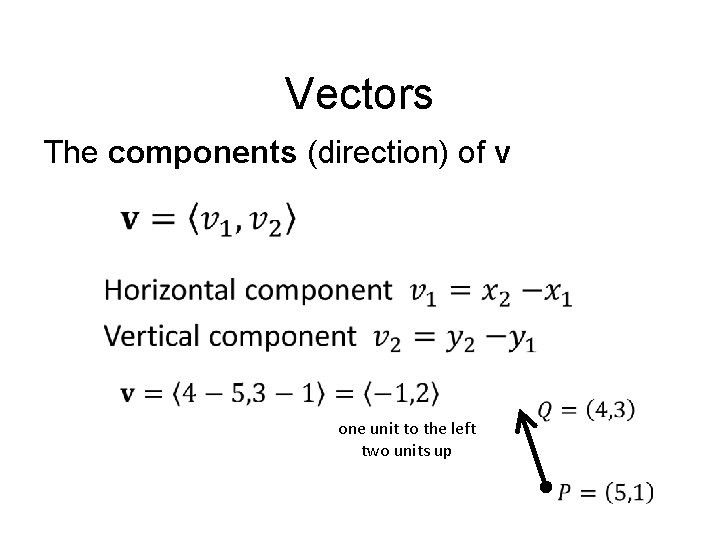 Vectors The components (direction) of v one unit to the left two units up