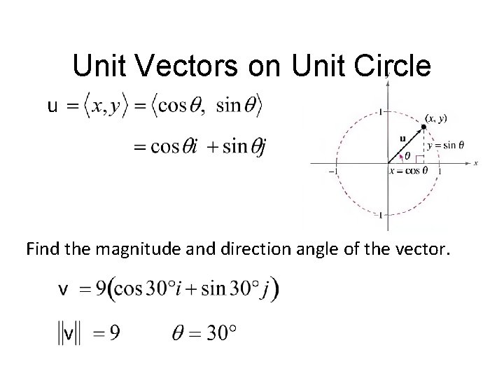 Unit Vectors on Unit Circle u Find the magnitude and direction angle of the