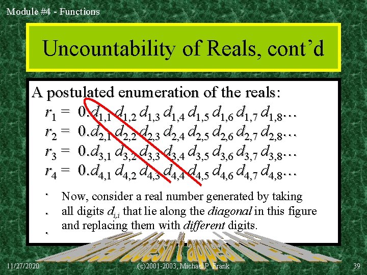 Module #4 - Functions Uncountability of Reals, cont’d A postulated enumeration of the reals: