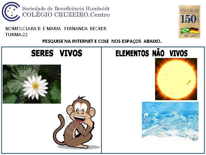 NOMES: CLARA B E MARIA FERNANDA BECKER TURMA: 22 PESQUISE NA INTERNET E COLE