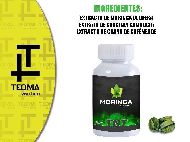 INGREDIENTES: EXTRACTO DE MORINGA OLEIFERA EXTRATO DE GARCINIA CAMBOGIA EXTRACTO DE GRANO DE CAFÉ