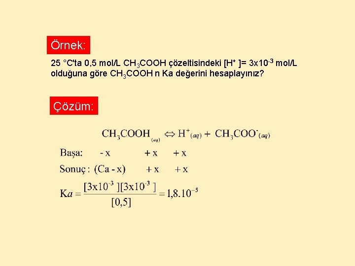 Örnek: 25 °C'ta 0, 5 mol/L CH 3 COOH çözeltisindeki [H+ ]= 3 x