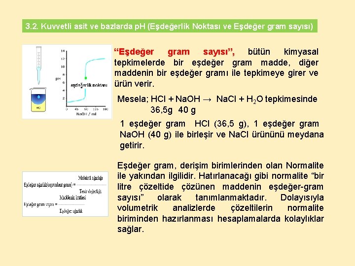 3. 2. Kuvvetli asit ve bazlarda p. H (Eşdeğerlik Noktası ve Eşdeğer gram sayısı)
