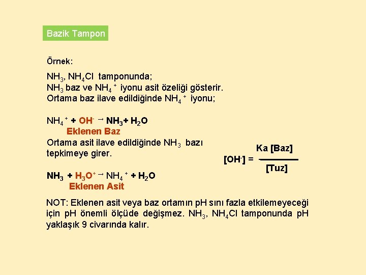 Bazik Tampon Örnek: NH 3, NH 4 Cl tamponunda; NH 3 baz ve NH