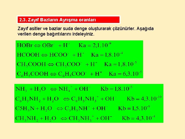 2. 3. Zayıf Bazların Ayrışma oranları Zayıf asitler ve bazlar suda denge oluşturarak çözünürler.