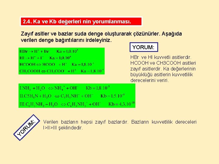 2. 4. Ka ve Kb değerleri nin yorumlanması. Zayıf asitler ve bazlar suda denge