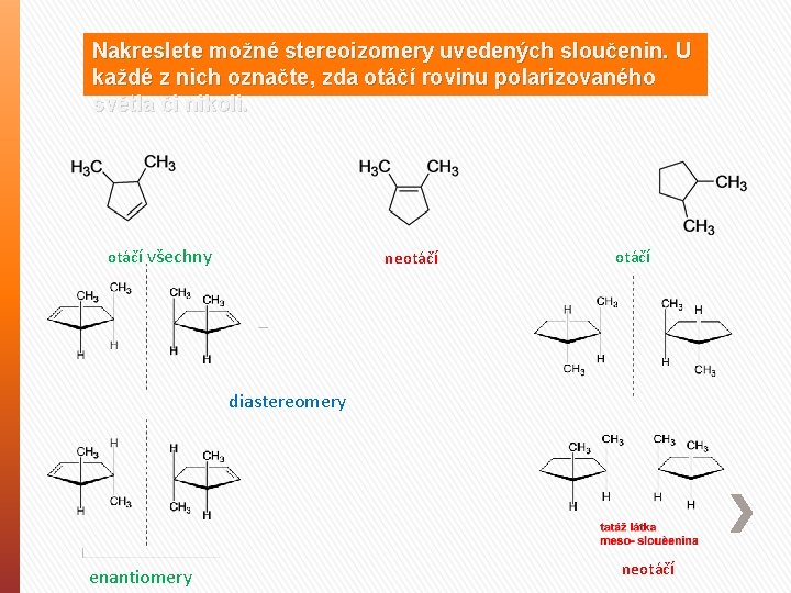 Nakreslete možné stereoizomery uvedených sloučenin. U každé z nich označte, zda otáčí rovinu polarizovaného