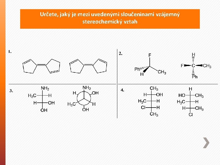 Určete, jaký je mezi uvedenými sloučeninami vzájemný stereochemický vztah 