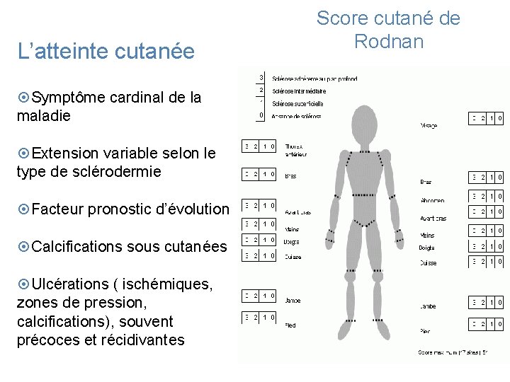 L’atteinte cutanée Symptôme cardinal de la maladie Extension variable selon le type de sclérodermie
