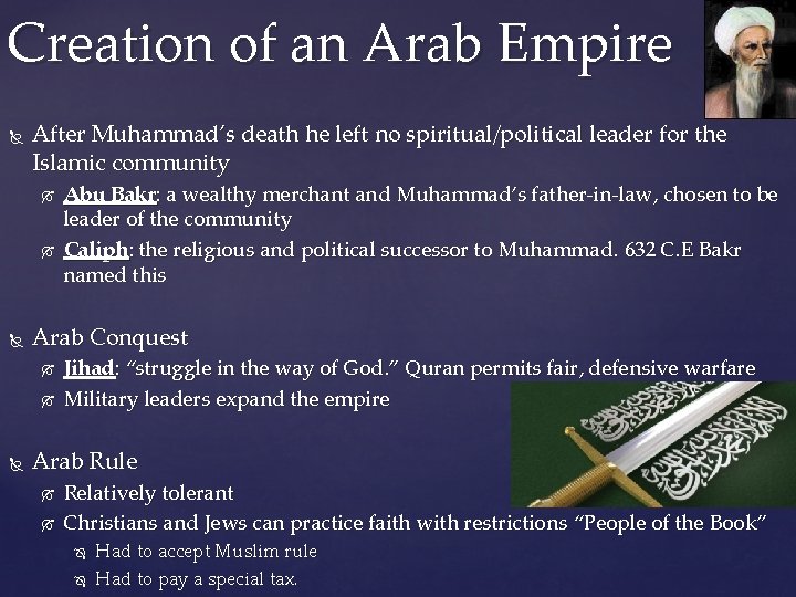 Creation of an Arab Empire After Muhammad’s death he left no spiritual/political leader for