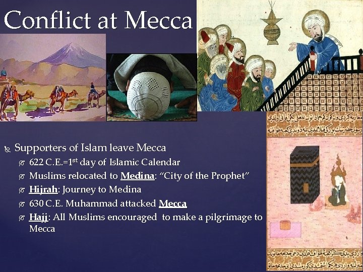 Conflict at Mecca Supporters of Islam leave Mecca 622 C. E. =1 st day