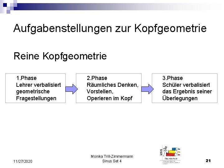 Aufgabenstellungen zur Kopfgeometrie Reine Kopfgeometrie 1. Phase Lehrer verbalisiert geometrische Fragestellungen 11/27/2020 2. Phase