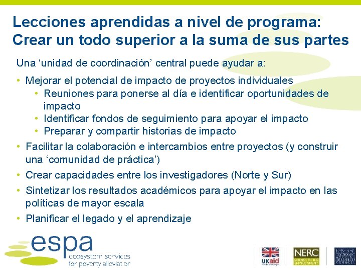 Lecciones aprendidas a nivel de programa: Crear un todo superior a la suma de