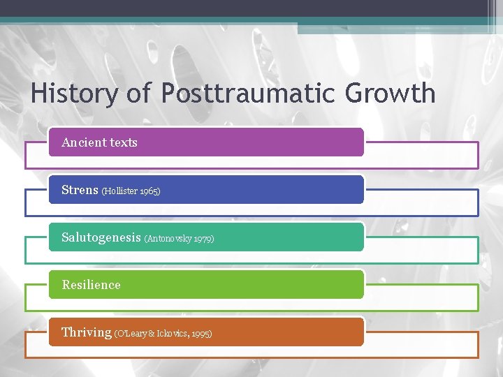 History of Posttraumatic Growth Ancient texts Strens (Hollister 1965) Salutogenesis (Antonovsky 1979) Resilience Thriving