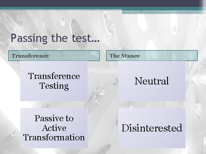 Passing the test… Transference The Stance Transference Testing Neutral Passive to Active Transformation Disinterested