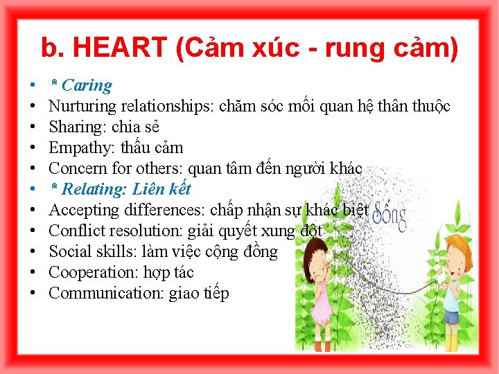 b. HEART (Cảm xúc - rung cảm) • • • * Caring Nurturing relationships: