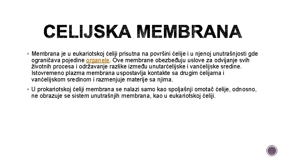 § Membrana je u eukariotskoj ćeliji prisutna na površini ćelije i u njenoj unutrašnjosti