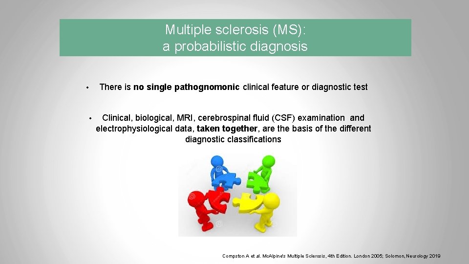 Multiple sclerosis (MS): a probabilistic diagnosis There is no single pathognomonic clinical feature or