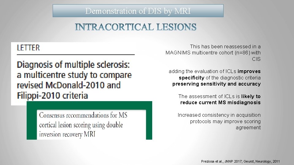 Demonstration of DIS by MRI This has been reassessed in a MAGNIMS multicentre cohort