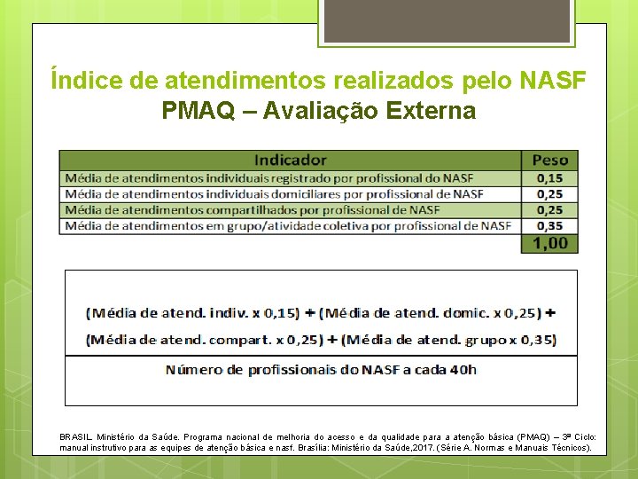 Índice de atendimentos realizados pelo NASF PMAQ – Avaliação Externa BRASIL. Ministério da Saúde.