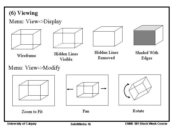 (6) Viewing Menu: View->Display Wireframe Hidden Lines Removed Hidden Lines Visible Shaded With Edges